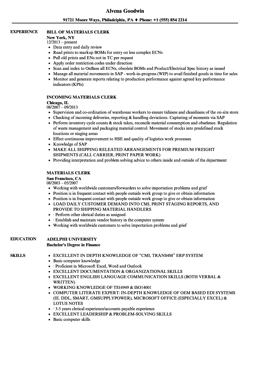 Materials Clerk Resume Samples Velvet Jobs