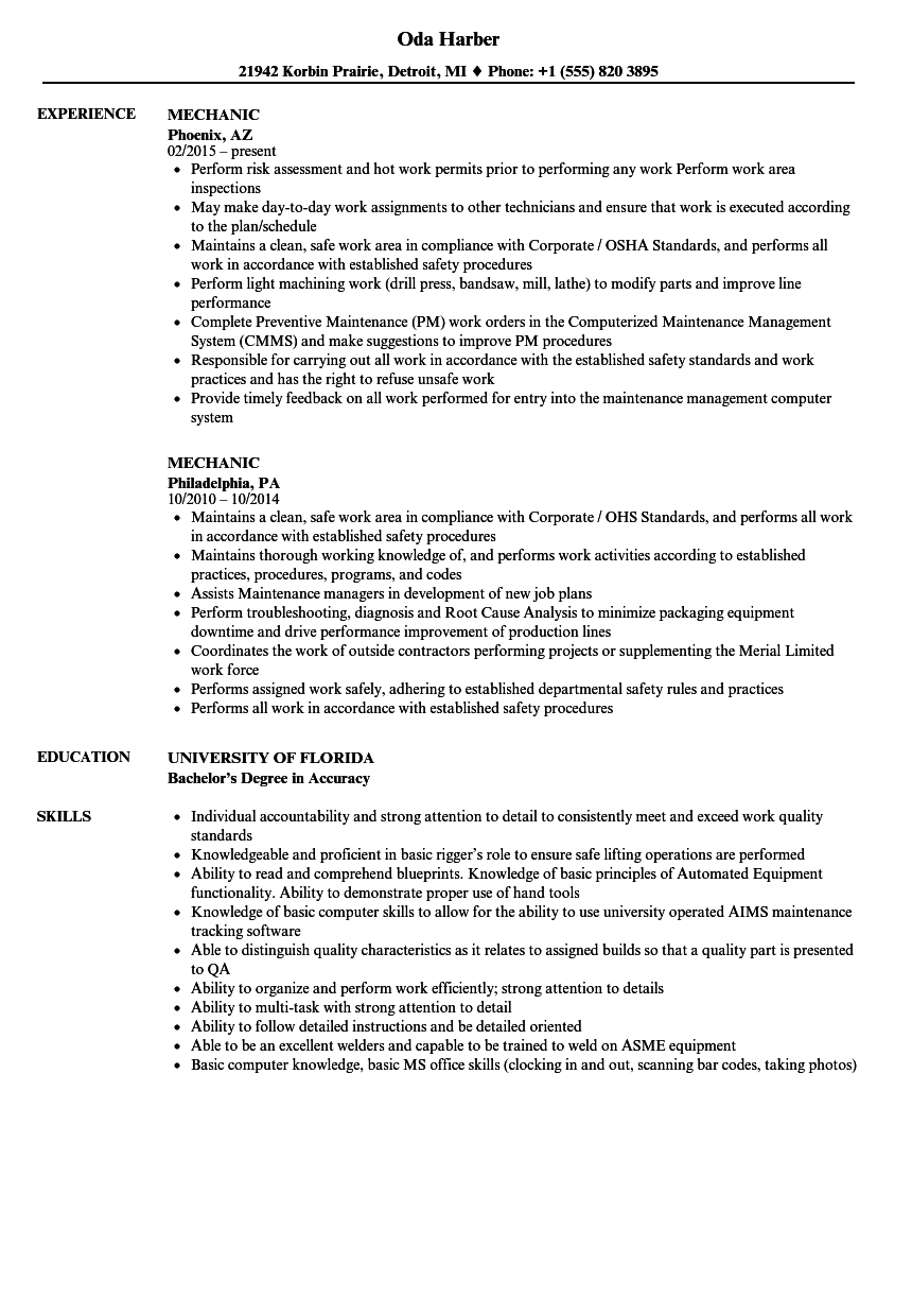 Mechanic Resume Samples Velvet Jobs