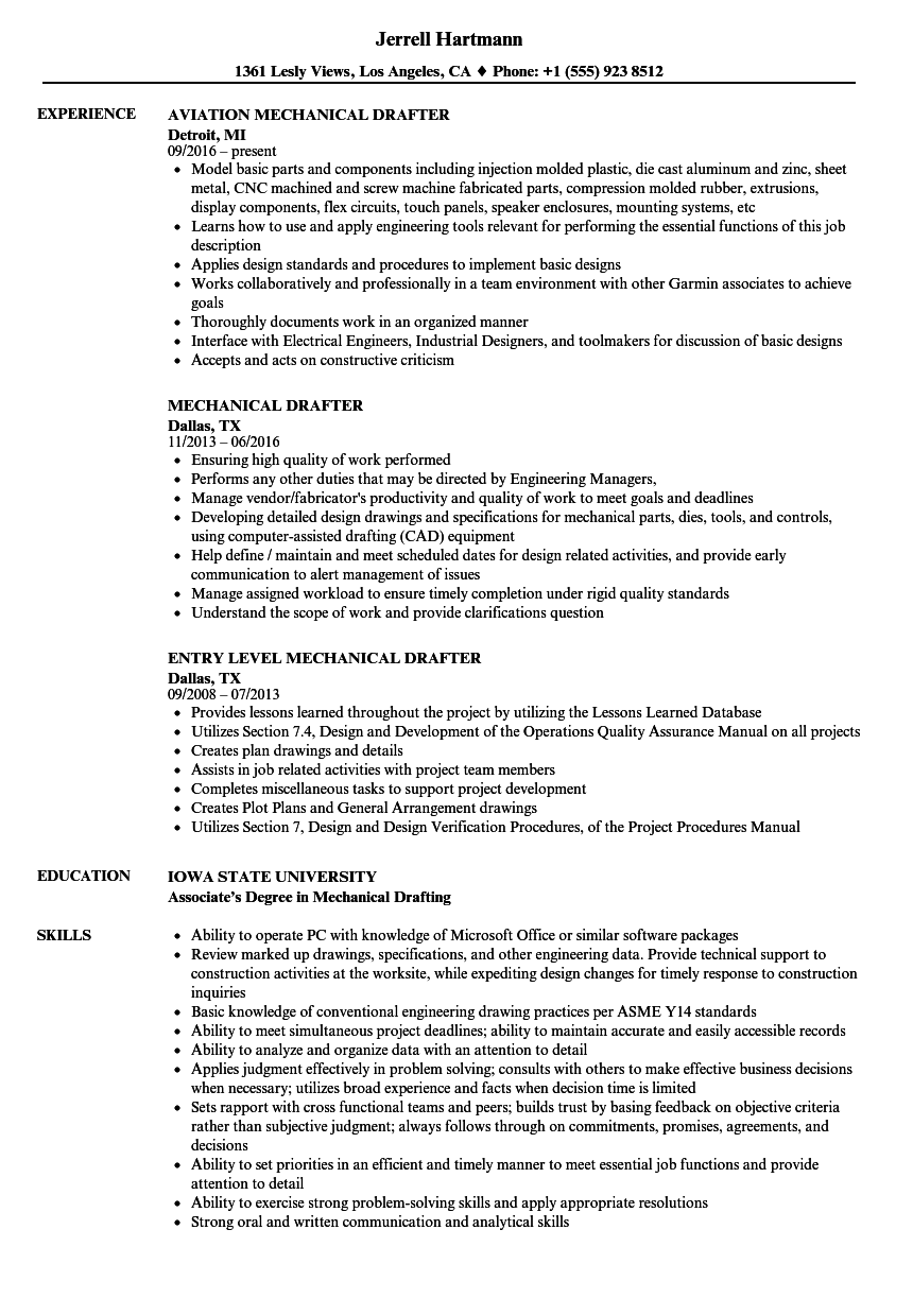 sample resume for mechanical draftsman