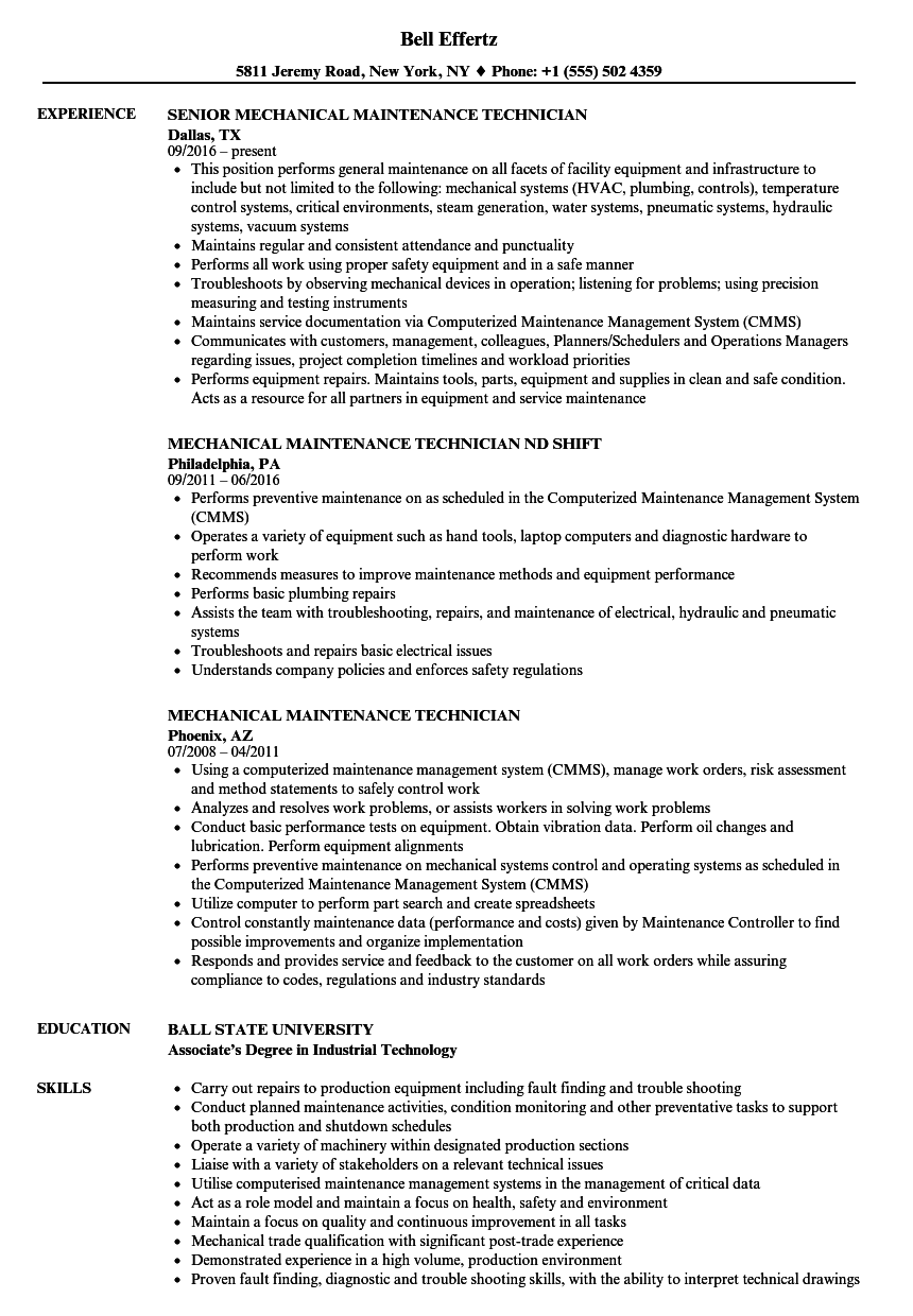 Industrial Maintenance Technician Resume Sample