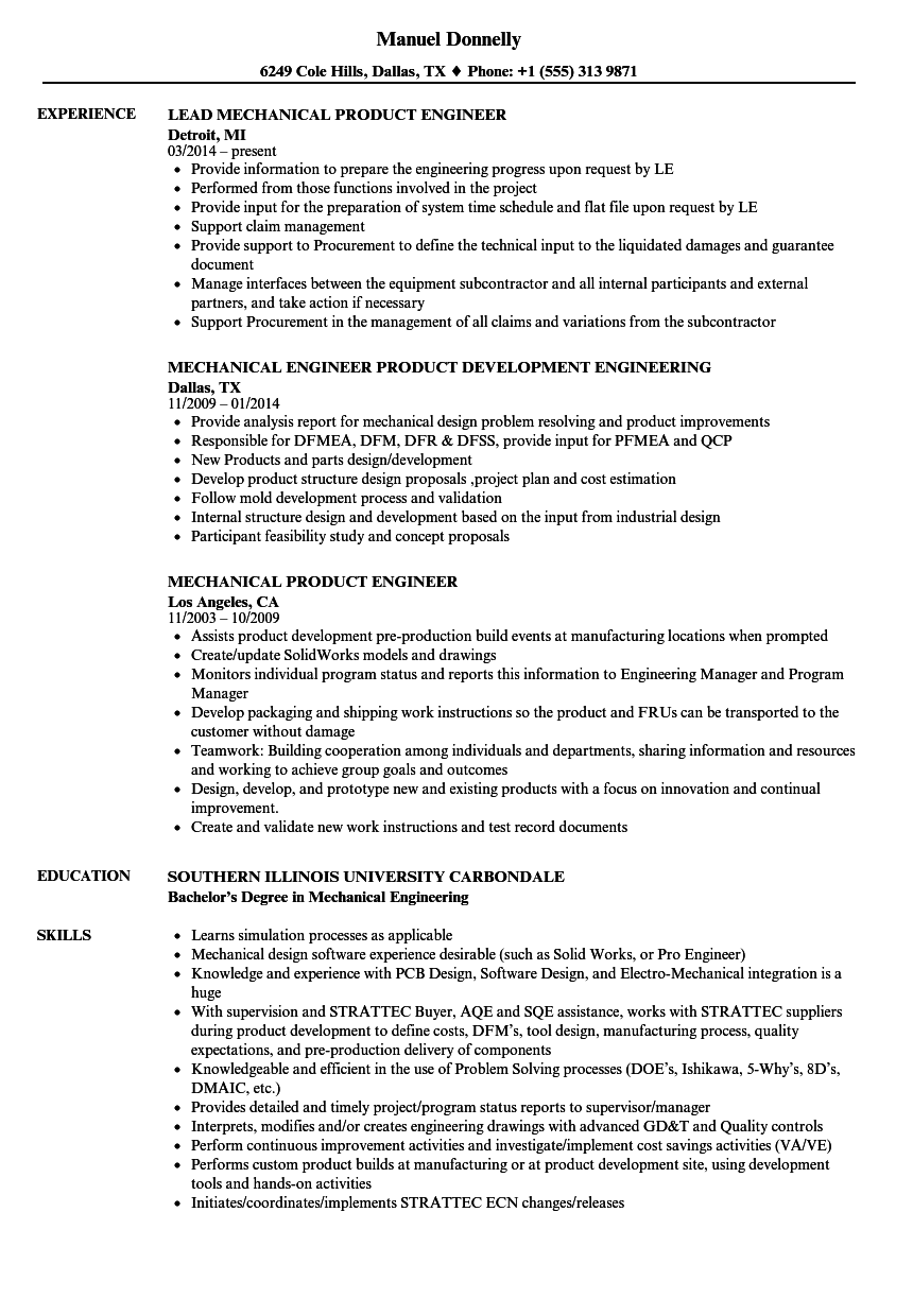 New product development mechanical engineer resume July 2020