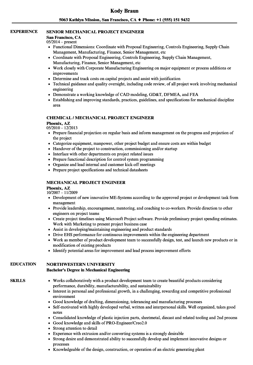 Mechanical Project Engineer Resume Samples | Velvet Jobs