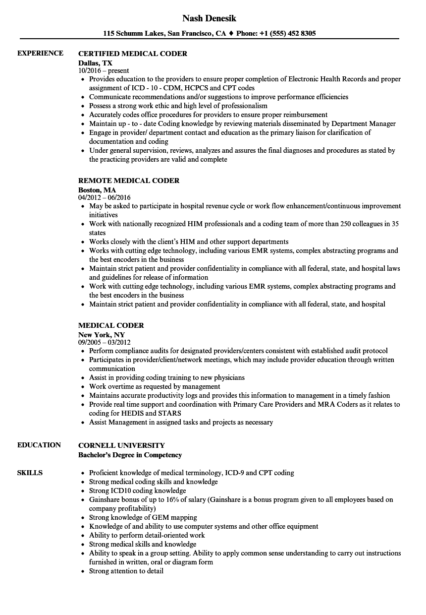 Medical Coder Resume Samples Velvet Jobs