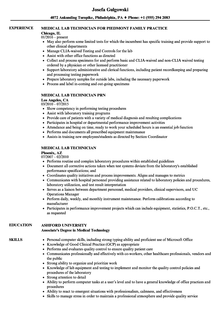 Medical Lab Technician Resume Samples Velvet Jobs