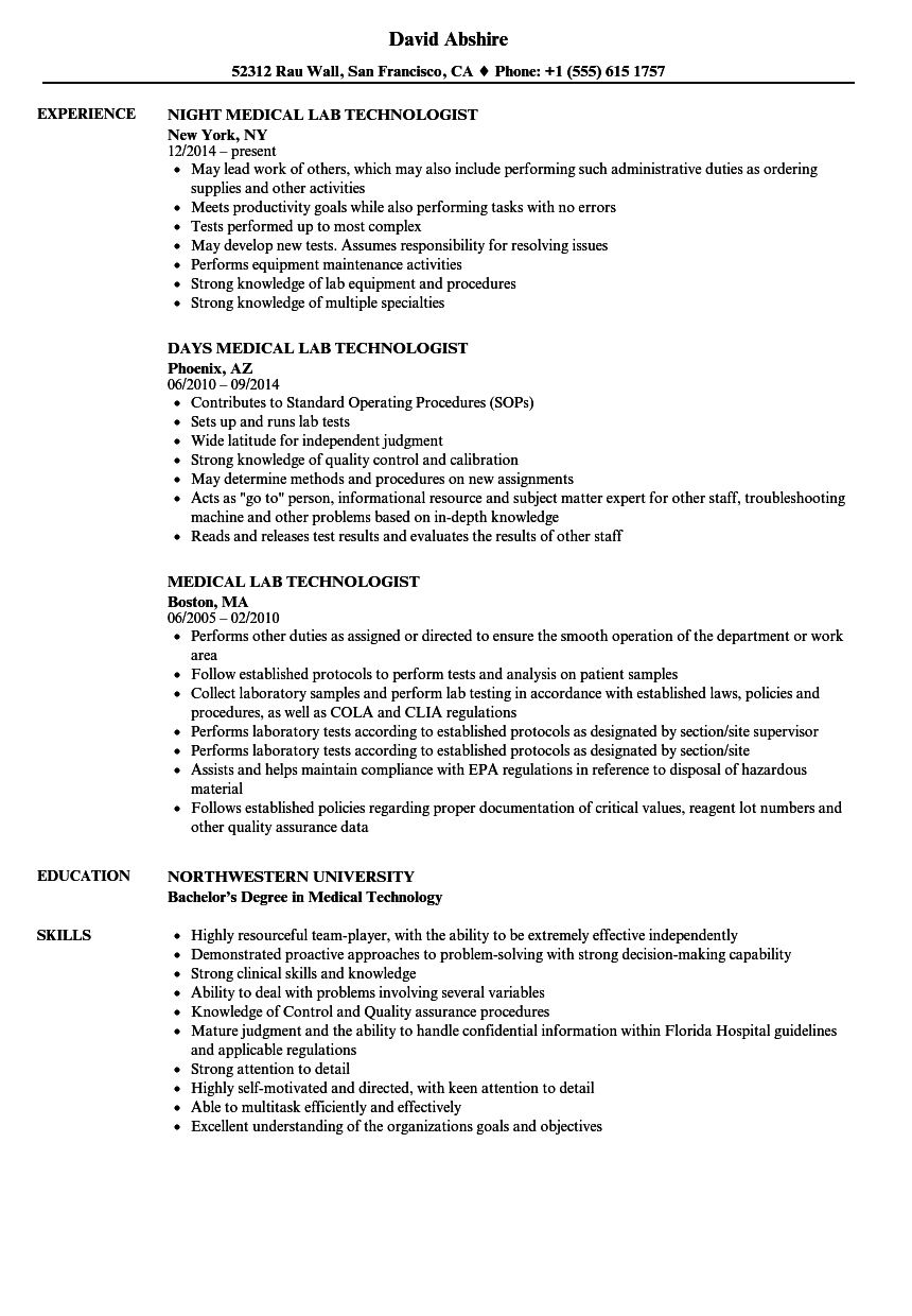 Medical Lab Technologist Resume Samples  Velvet Jobs