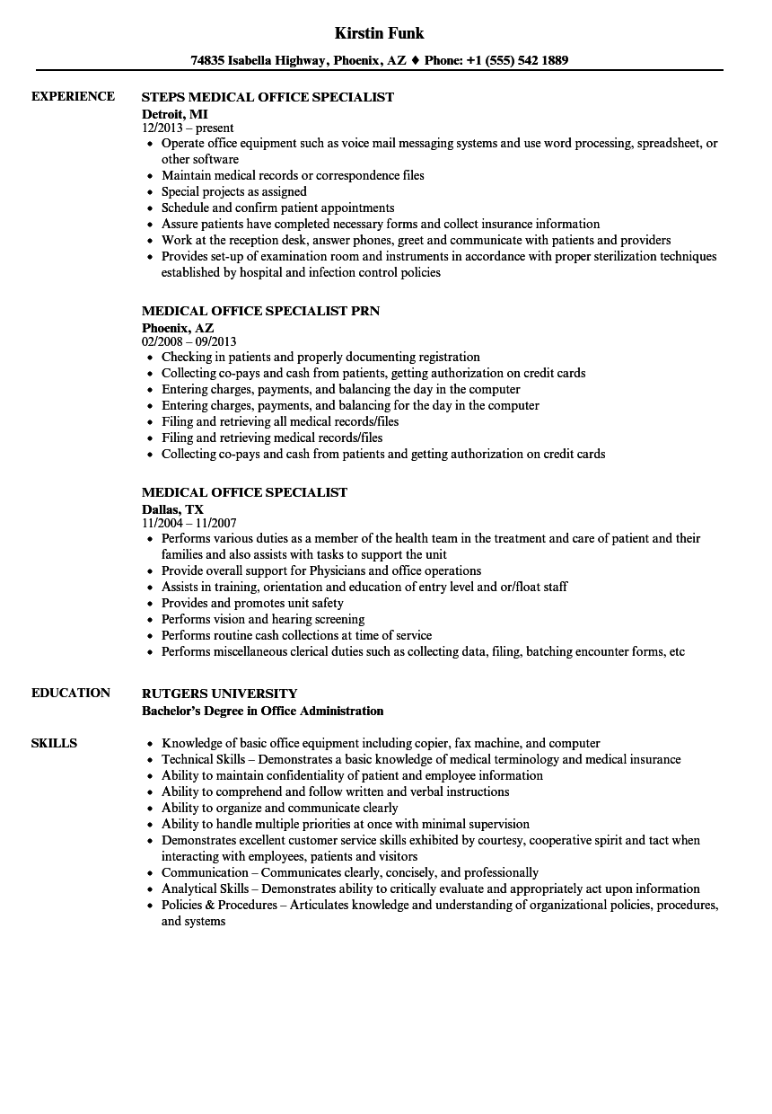 Medical Office Specialist Resume Samples Velvet Jobs