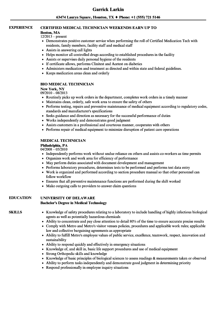 Sample Resume Medical Technician - Medical Technician ...