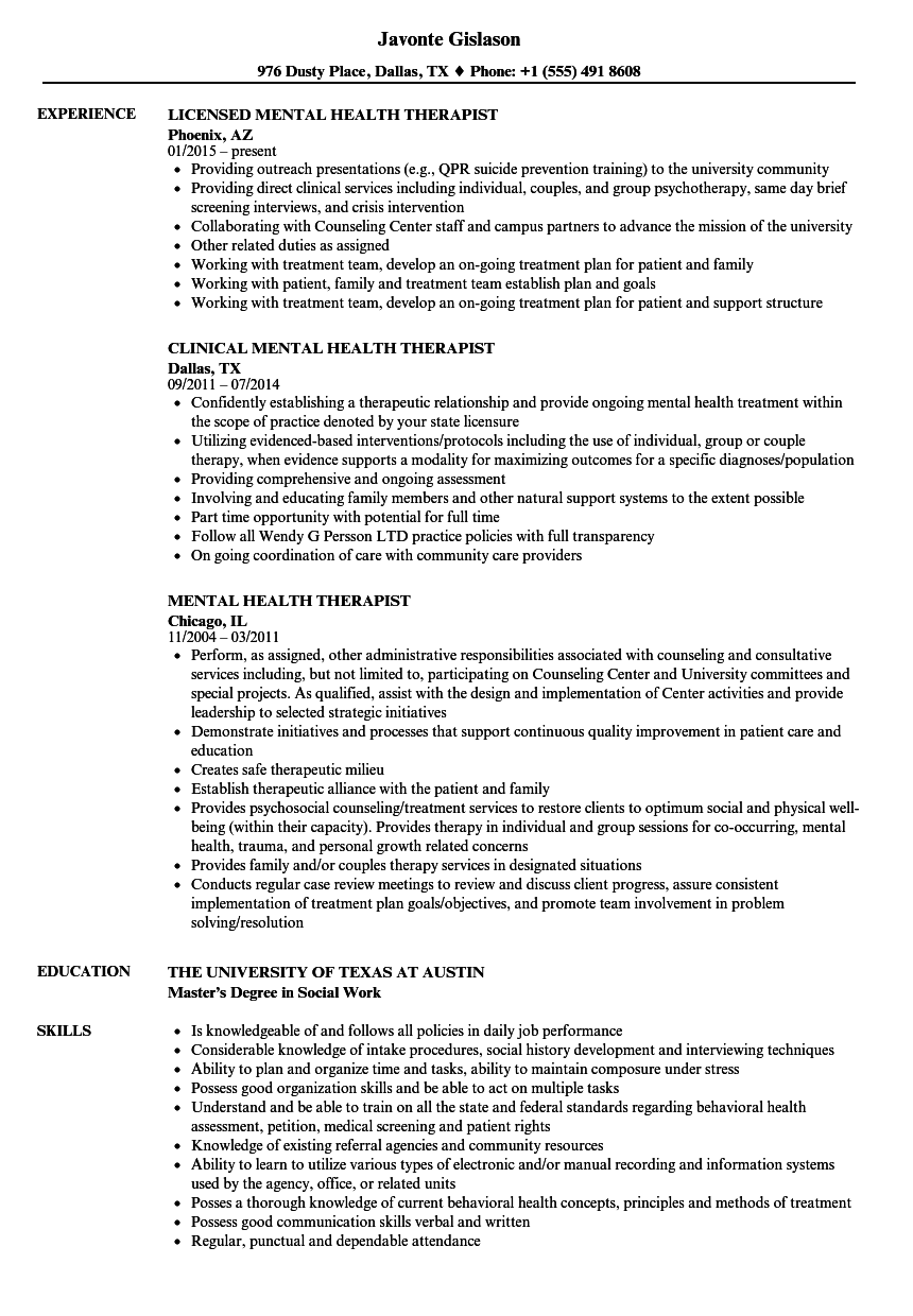 Resume For Mental Health Counselor