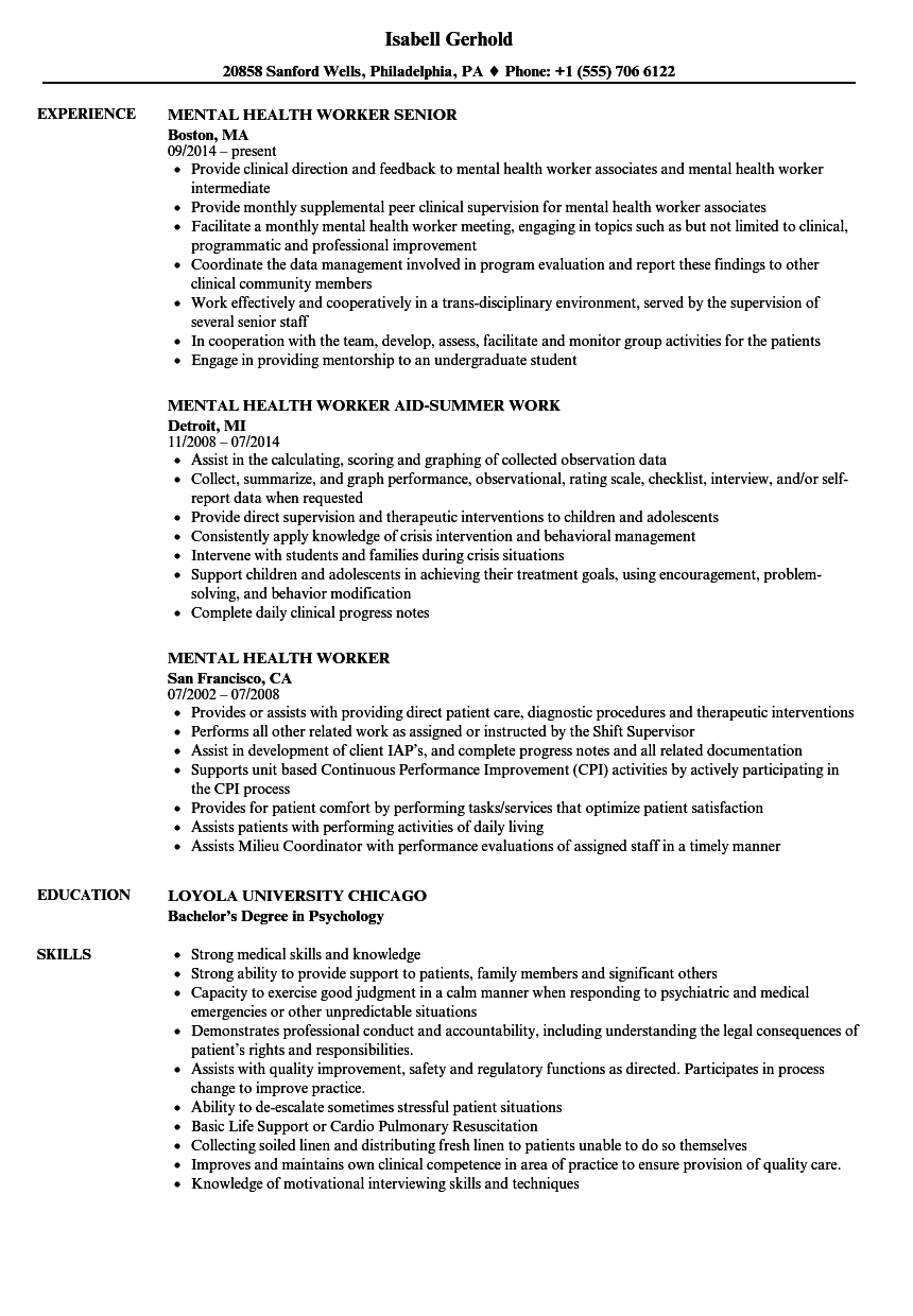 resume for mental health support worker