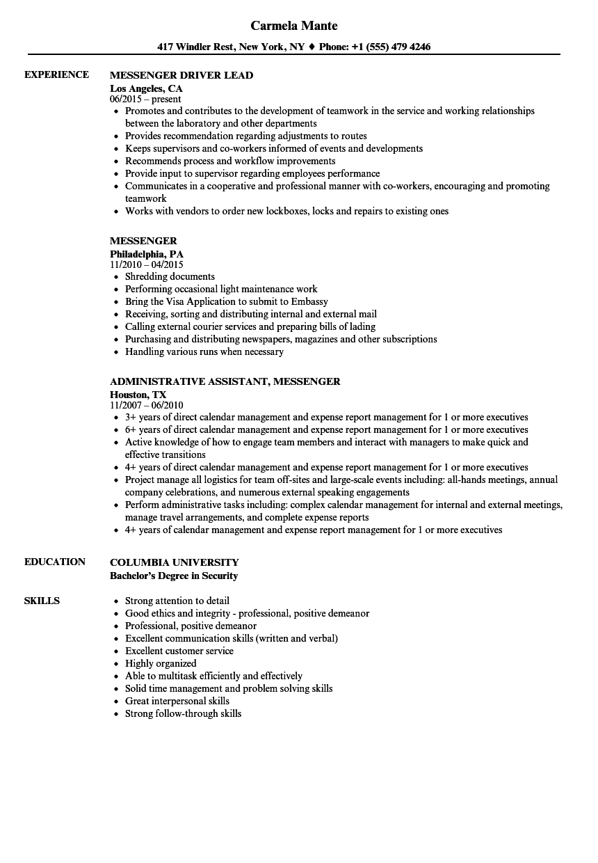 Messenger Resume Samples Velvet Jobs