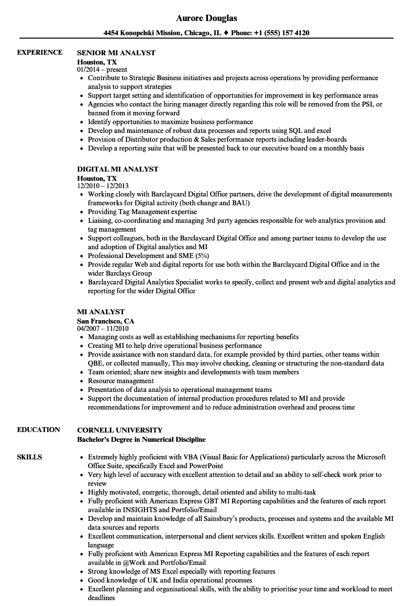 MI Analyst Resume Samples  Velvet Jobs