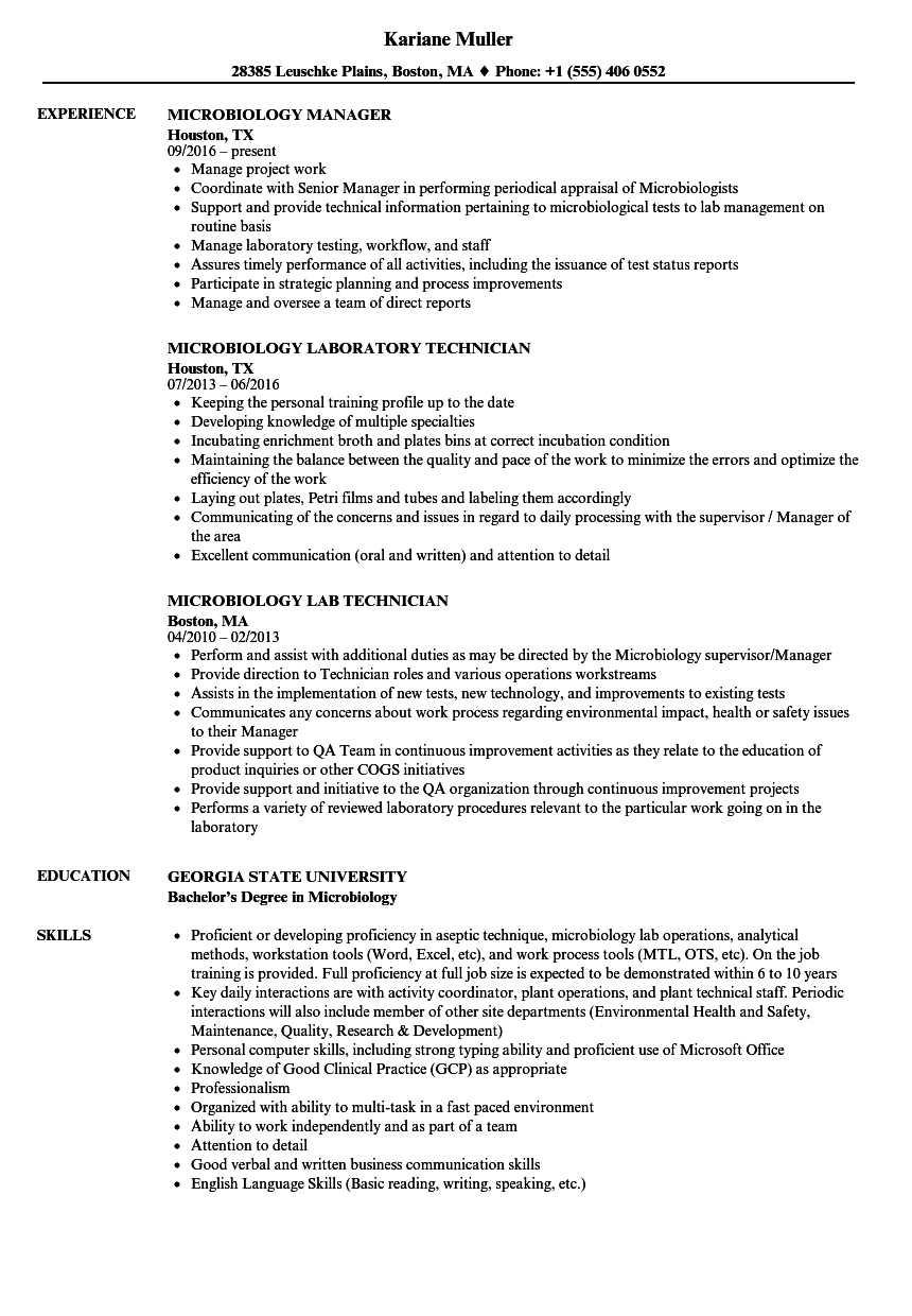 sample resume for microbiology lab technician