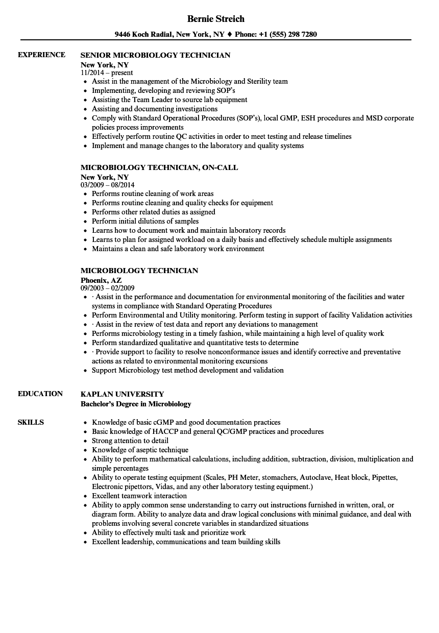 Microbiology Technician Resume Samples | Velvet Jobs