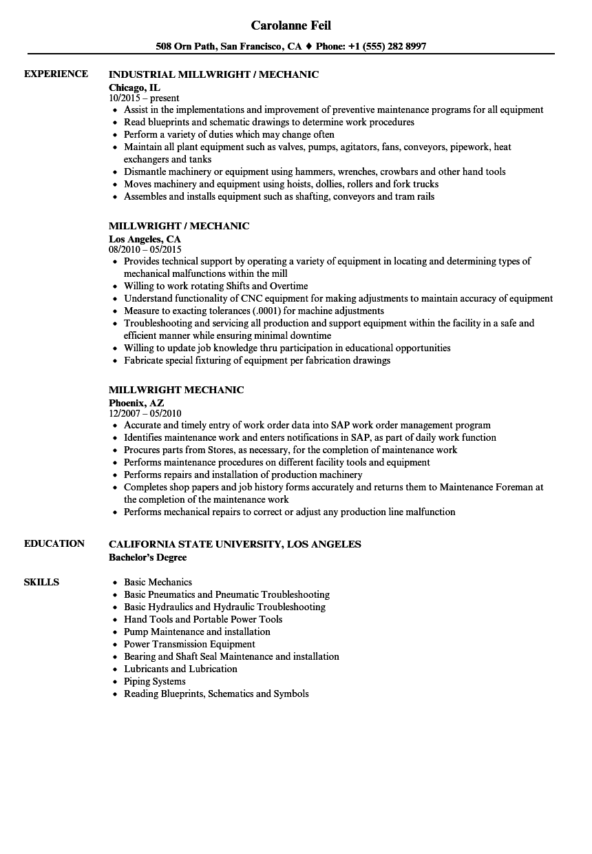 Millwright Mechanic Resume Samples Velvet Jobs - 