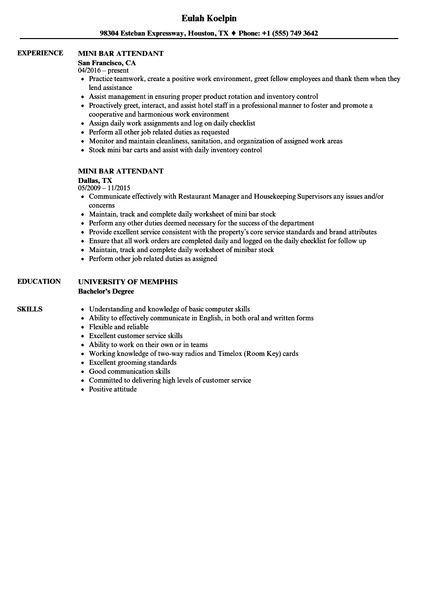 Mini Bar Attendant Resume Samples Velvet Jobs