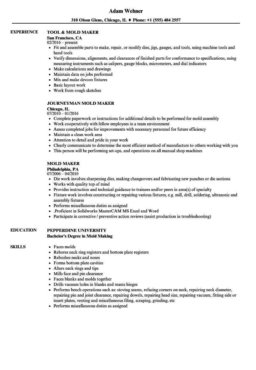 Mold Maker Resume Samples Velvet Jobs