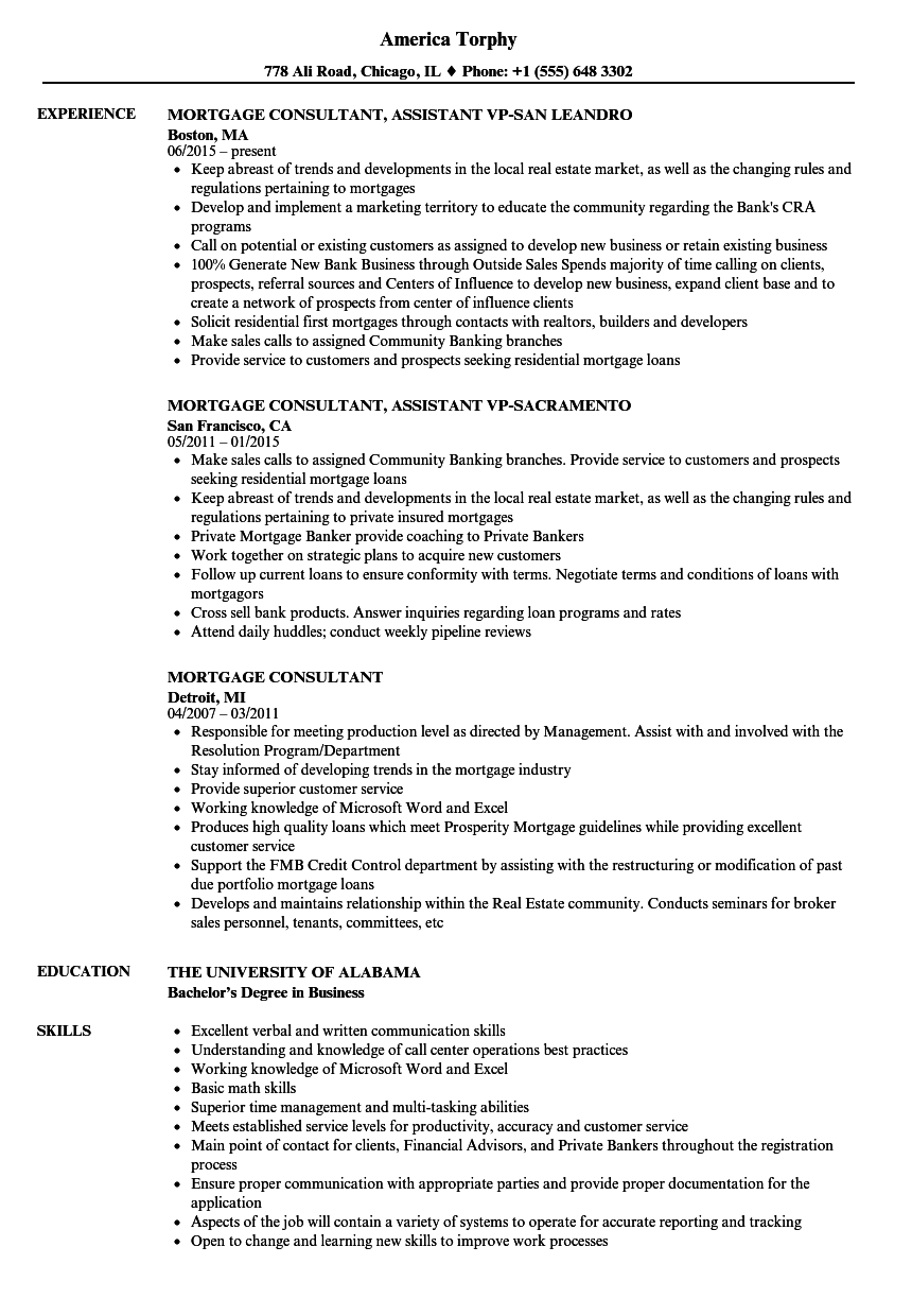 mortgage consultant resume samples