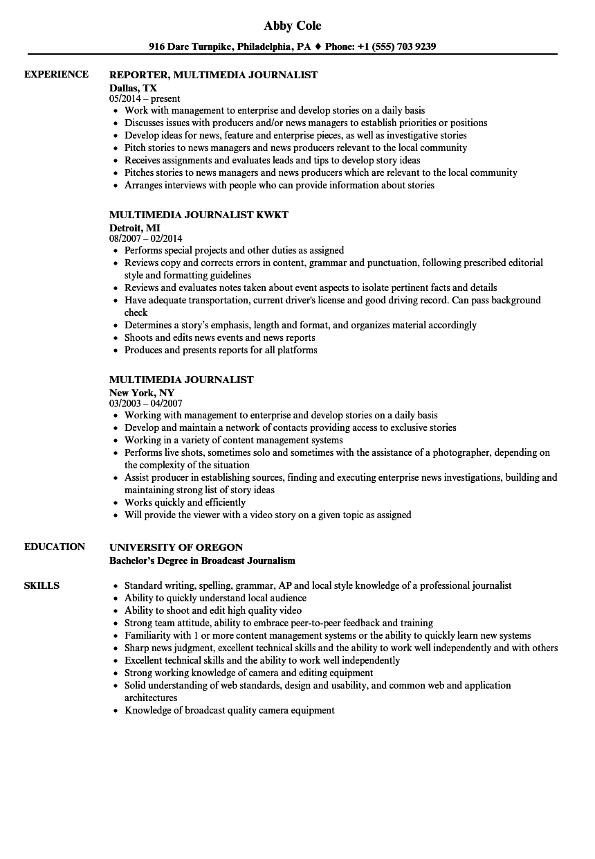 Multimedia Journalist Resume Samples  Velvet Jobs