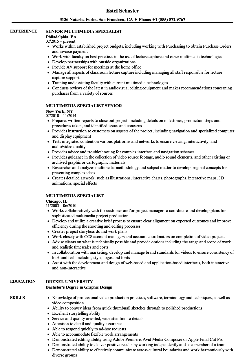 Multimedia Specialist Resume Samples Velvet Jobs