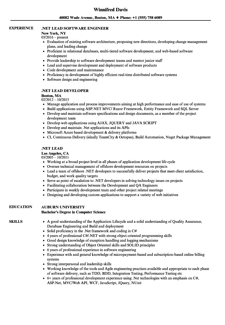 .NET Lead Resume Samples | Velvet Jobs