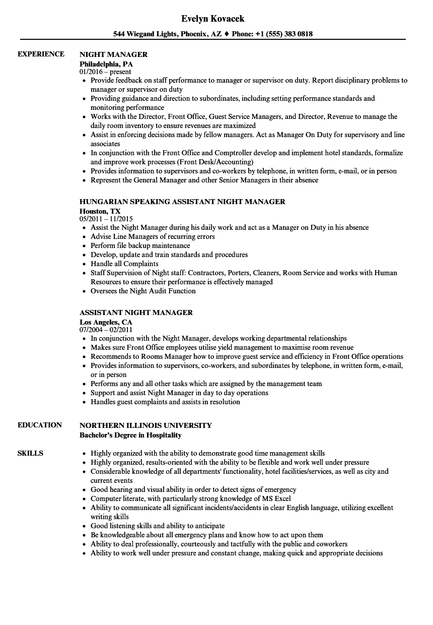 Night Manager Resume Samples Velvet Jobs