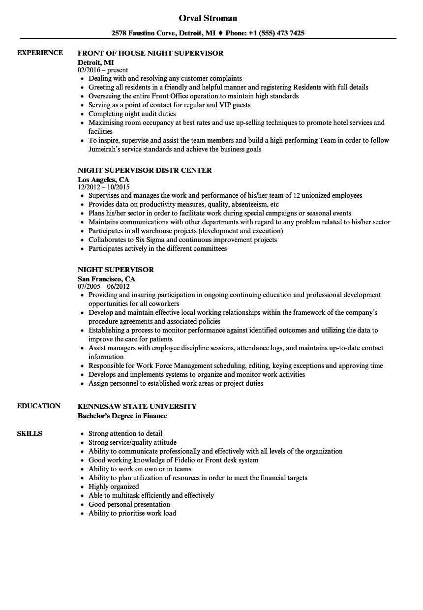 Night Supervisor Resume Samples Velvet Jobs