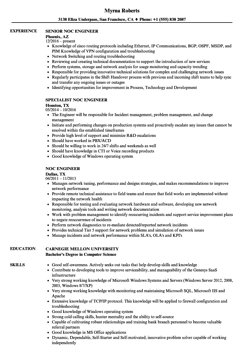 Noc Engineer Resume Samples Velvet Jobs