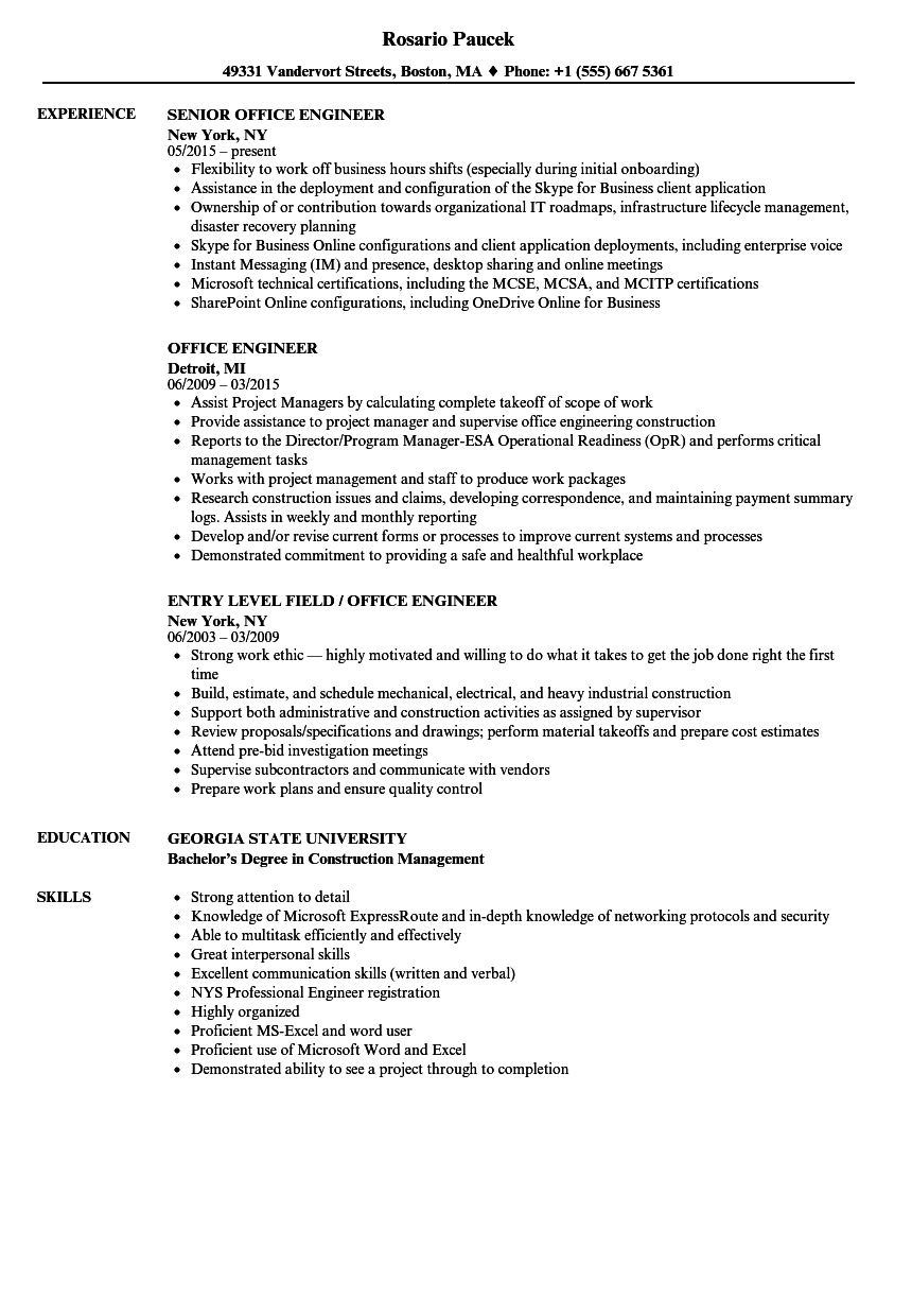 Office Engineer Resume Samples | Velvet Jobs