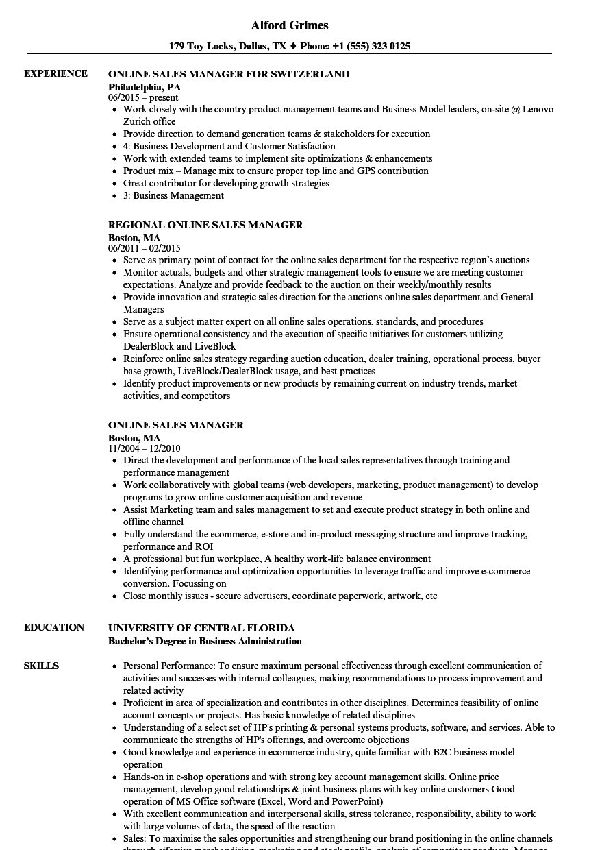 Online Sales Manager Resume Samples Velvet Jobs