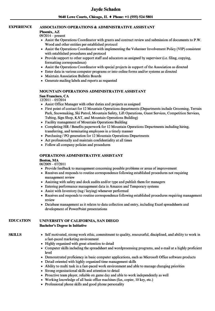 Operations Administrative Assistant Resume Samples | Velvet Jobs