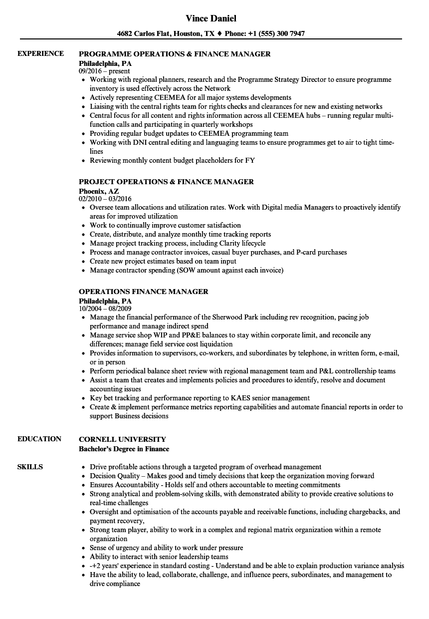 Operations Finance Manager Resume Samples Velvet Jobs