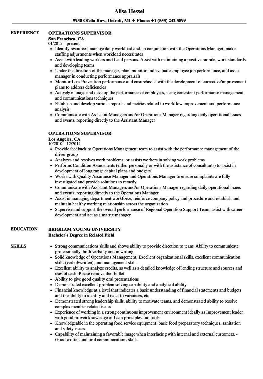 Operations Supervisor Resume Samples | Velvet Jobs