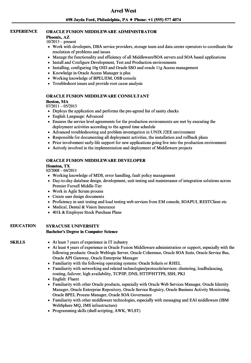 Oracle Fusion Middleware Resume Samples  Velvet Jobs