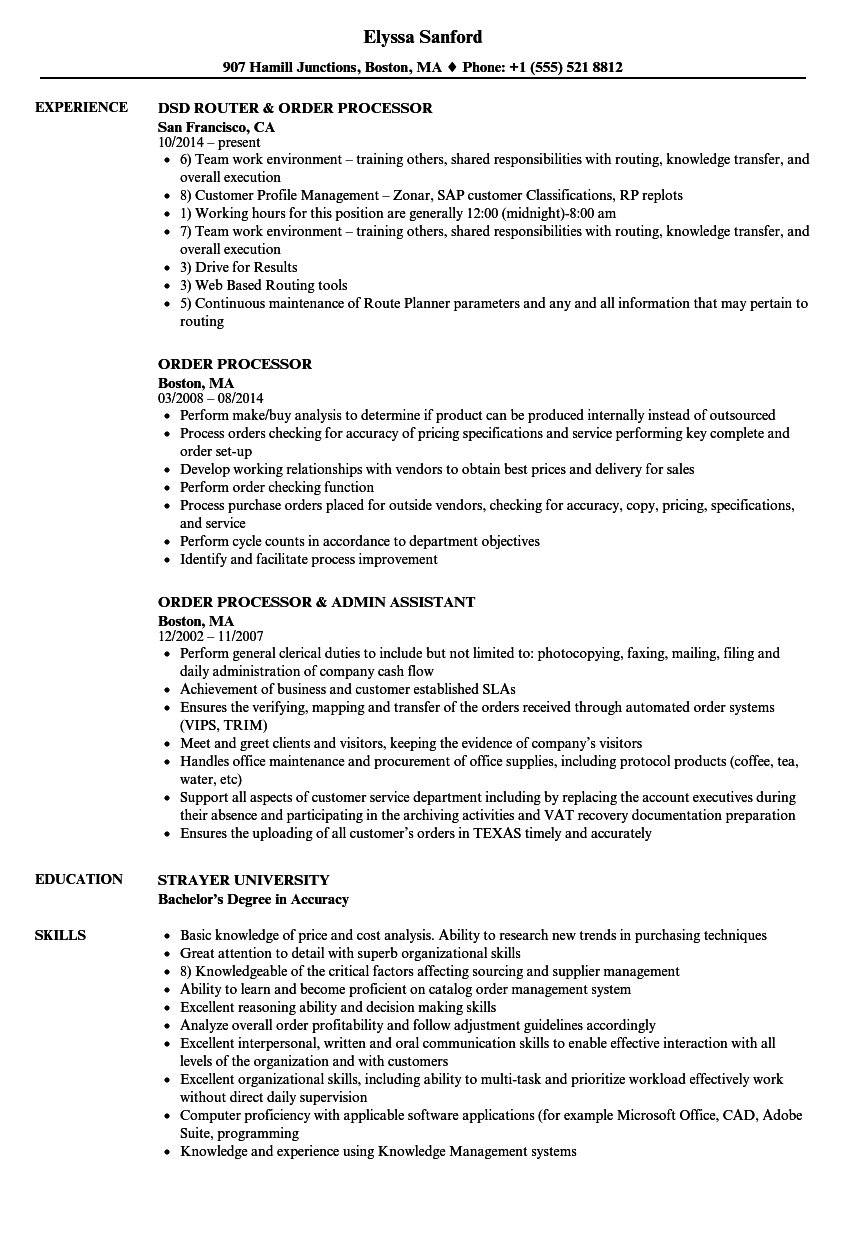 Order Processor Resume Samples Velvet Jobs