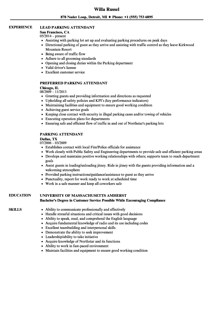 sample resume for parking cashier