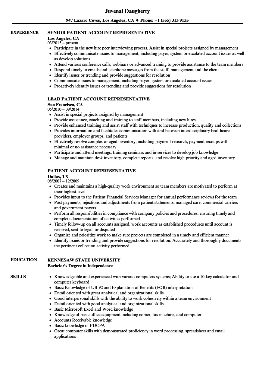 Patient Account Representative Resume Samples | Velvet Jobs