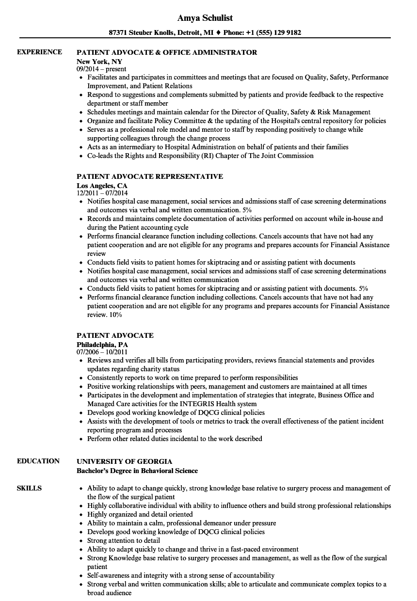 Patient Advocate Resume Samples | Velvet Jobs