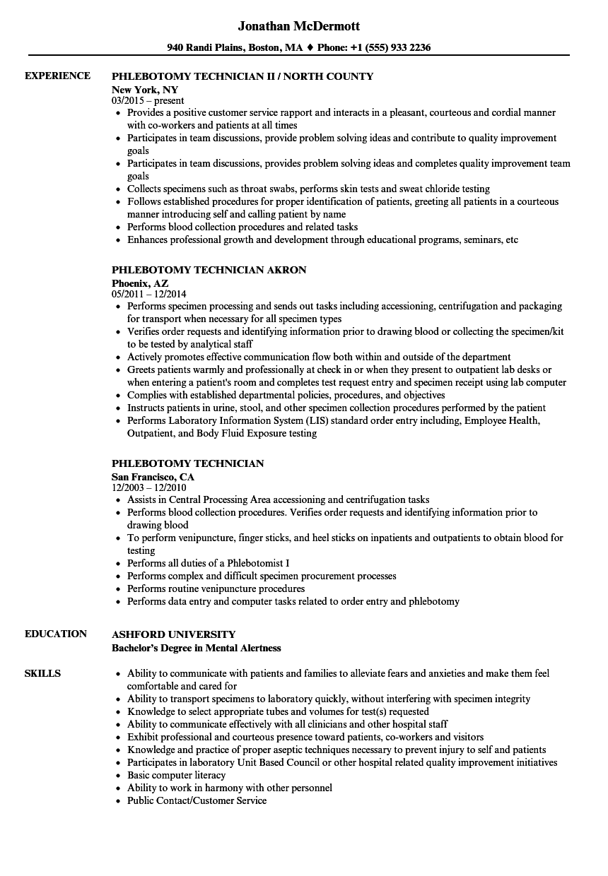 Phlebotomy Technician Resume Samples | Velvet Jobs