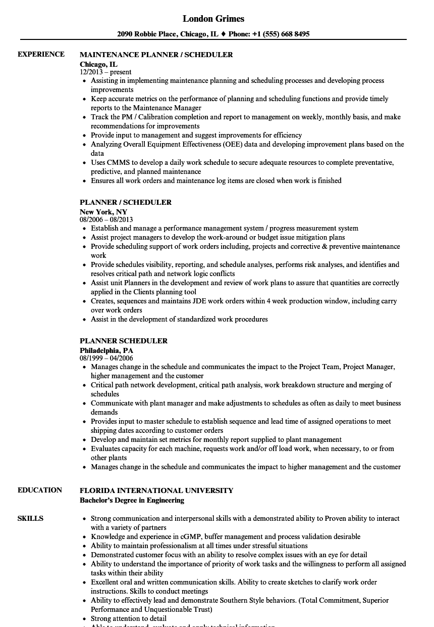 Planner Scheduler Resume Samples Velvet Jobs