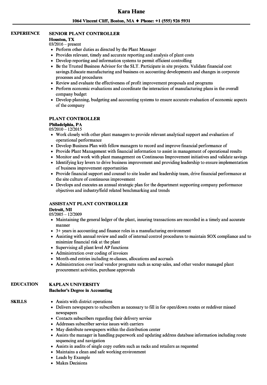 Plant Controller Resume Samples  Velvet Jobs