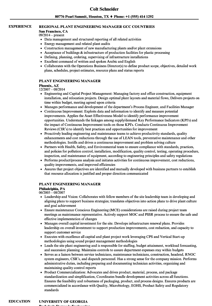 Plant Engineering Manager Resume Samples | Velvet Jobs