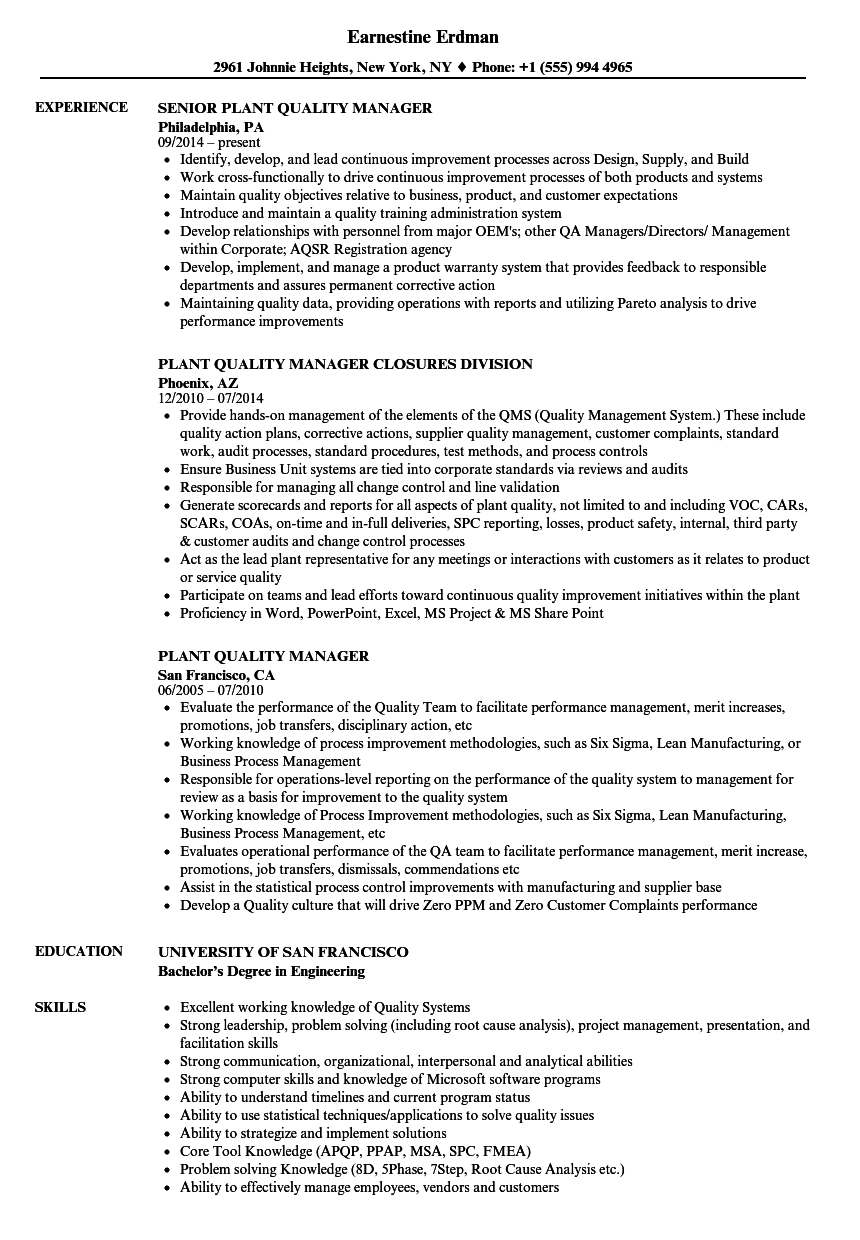 Plant Quality Manager Resume Samples Velvet Jobs