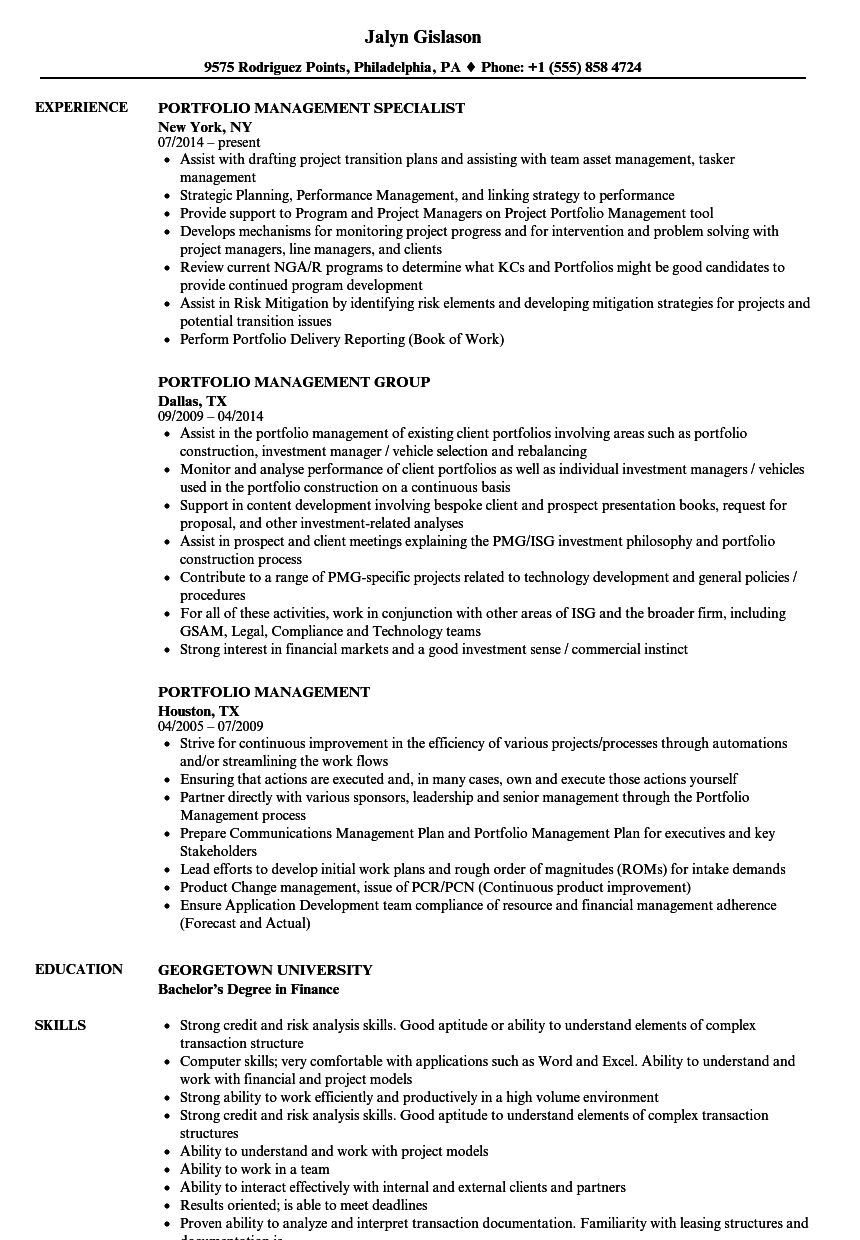 Portfolio Management Resume Samples Velvet Jobs