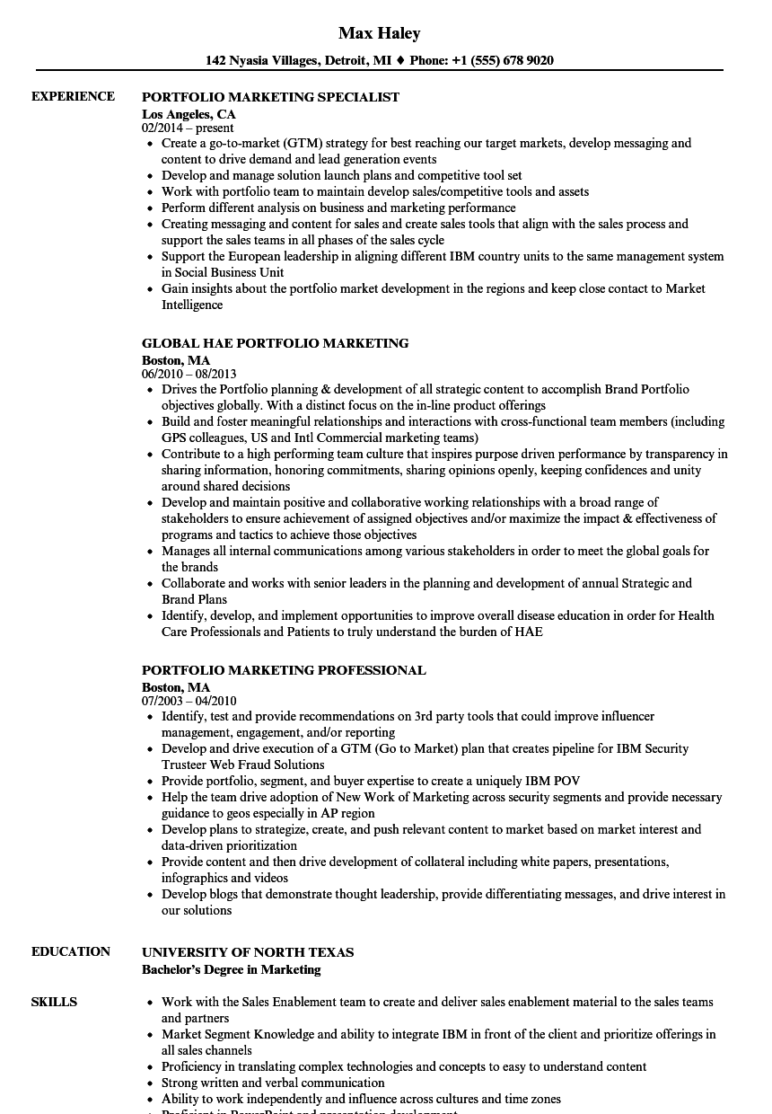 Portfolio Marketing Resume Samples Velvet Jobs