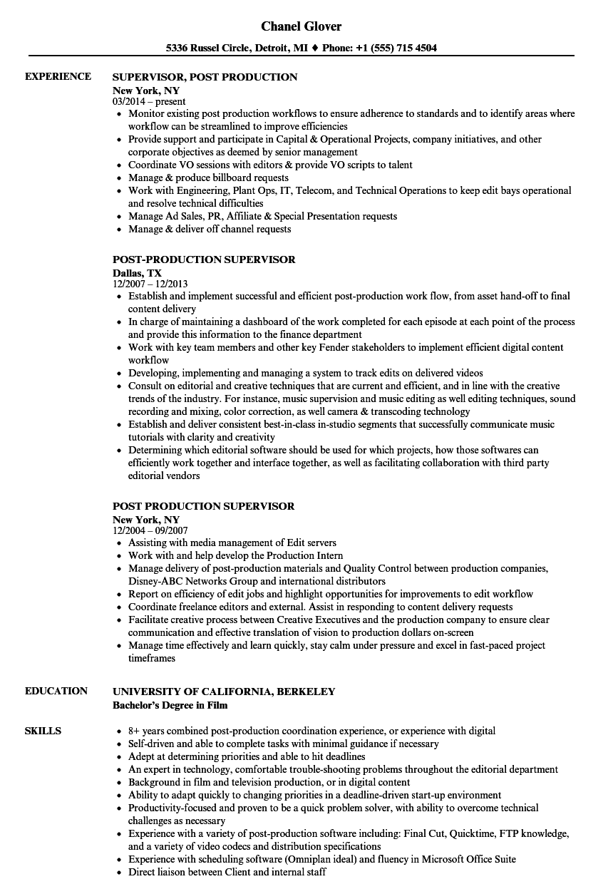 Post Production Supervisor Resume Samples | Velvet Jobs