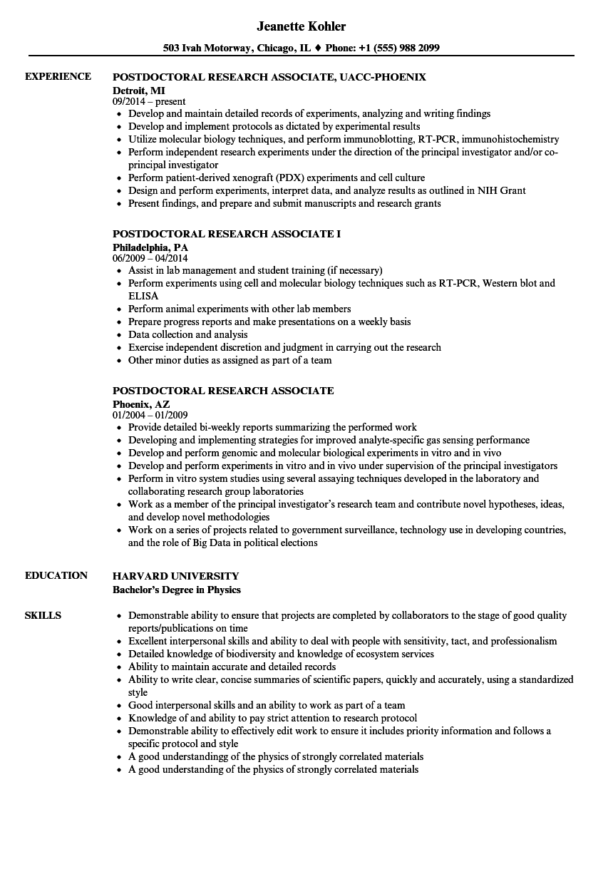 Postdoctoral Research Associate Resume Samples | Velvet Jobs