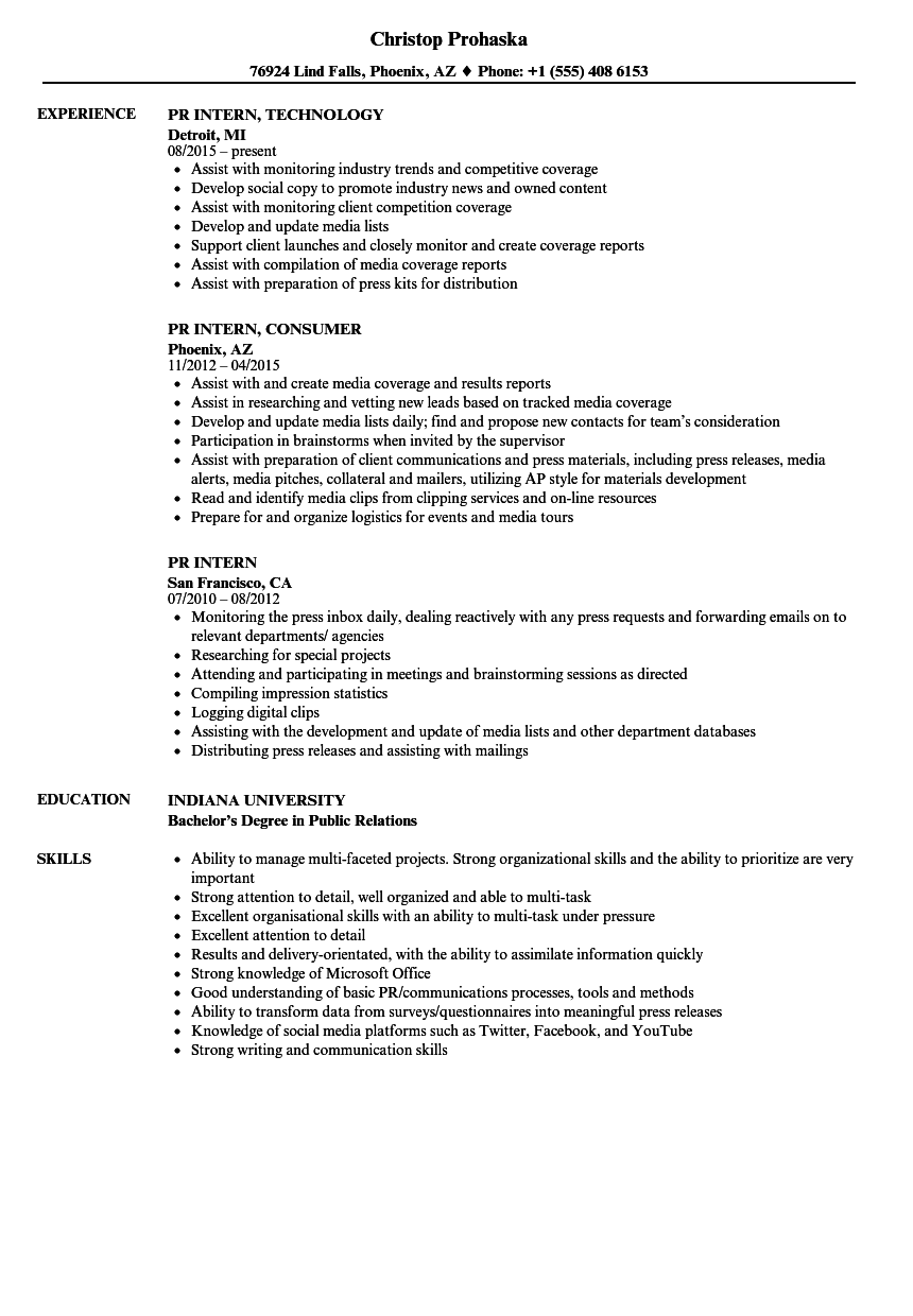 Pr Intern Resume Samples Velvet Jobs