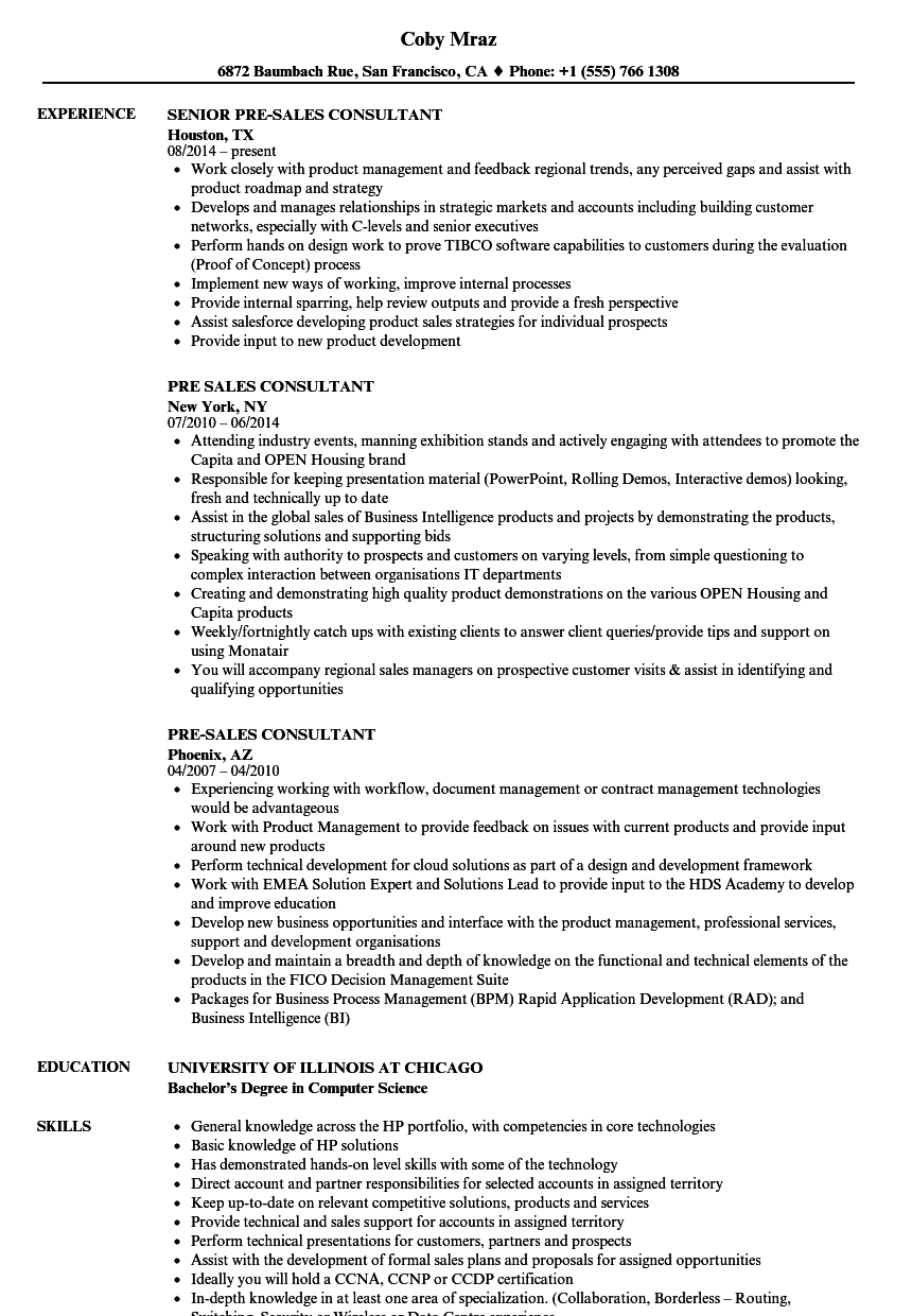 Pre Sales Consultant Resume Samples Velvet Jobs