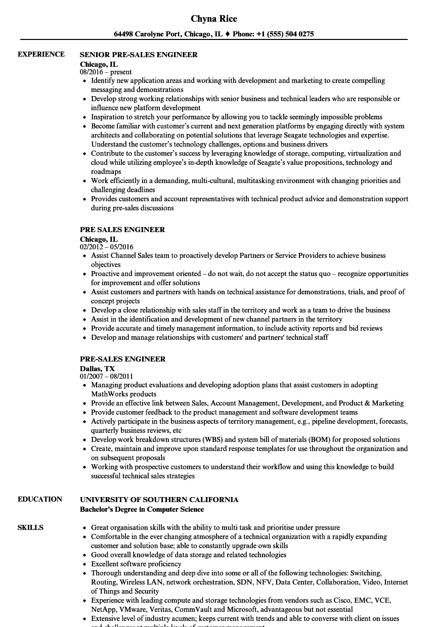 Pre Sales Engineer Resume Samples Velvet Jobs