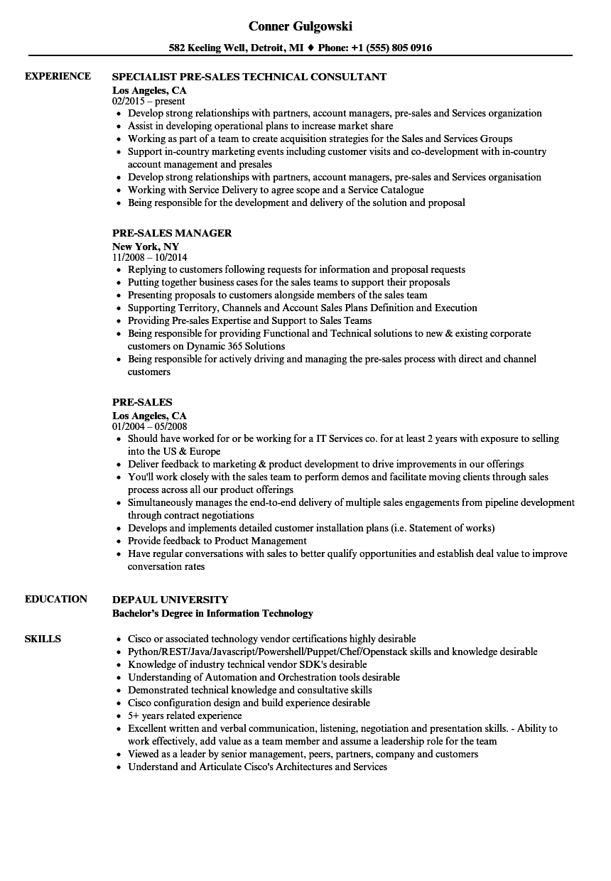 Pre Sales Resume Samples Velvet Jobs